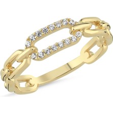 Sembol Gold 14 Ayar Altın Zincir Detaylı Taşlı Kadın Yüzük – Modern Tasarım