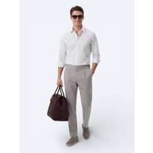 Kip Beyaz Çizgili Regular Fit Dokuma Casual Pamuk Karışımlı Gömlek
