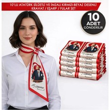 Tarzını Seç 10’lu Atatürk Silüetli ve Imzalı Kırmızı-Beyaz Desenli Kravat / Eşarp / Fular Set