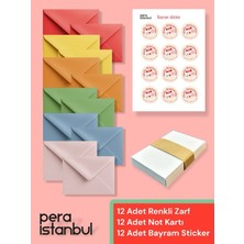 Pera İstanbul 12 Adet 7x9 Zarflı 12 Adet 7x9 Not Kartlı Bayram Hediye Kartı Hediye Paketi Sticker Seti