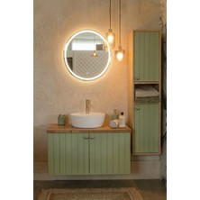 Adn Dizayn 90CM-LED Aynalı Banyo Dolabı Seti - Boy Dolaplı-Lavabolu-Doğal Ahşap & 4 Kat Cilalı Lake (Montajlı)