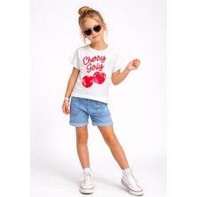 Bambam Cherry Girly Serisi Kız Çocuk Denim Şortlu Yazlık  - 2'li Takım-71799