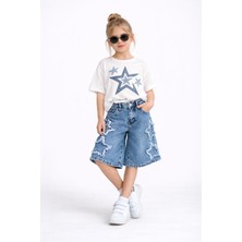 Bambam Kız Çocuk Yıldız Baskılı Tişört ve Yırtık Detaylı Kot Kapri Takım 253636