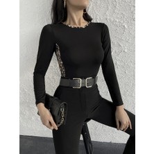 Gacha Kadın Uzun Kollu Leopar Şeritli Viskon Bluz