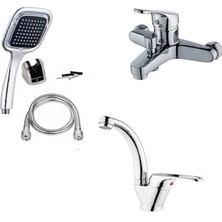 Moonshop 3'lü Set Banyo Bataryası Lavabo Bataryası Kare Duş Seti 5 Yıl Garanti