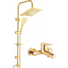 Moonshop Kare Gold Robot Duş Seti Altın Renk Kaliteli Kaplama Banyo Bataryası 2'li Set
