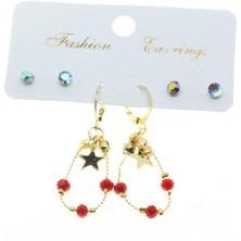 Nkie Jewels Altın Renk Yıldız Yuvarlak Kombin Kırmızı Boncuk Küpe - 2838