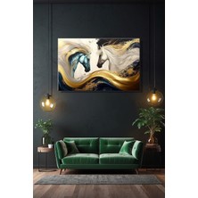 Şehber Yatay Kanvas Duvar Tablosu Tekli Salon Mutfak Yatak Odası Ofis Soyut Yeşil Altın Atlar