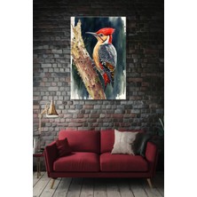 Şehber Kanvas Duvar Tablosu Dikey Tekli Salon Mutfak Yatak Odası Ofis Kırmızı Karınlı Ağaçkakan