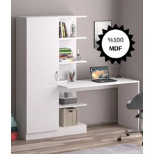 Bicabin MDF Narin Raflı Kitaplıklı Kapaklı Dolaplı Çalışma Masası - Beyaz (Dolap Sol)