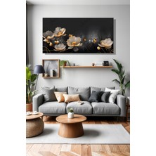 Şehber Panoramik Yatay Kanvas Duvar Tablosu Tekli Salon Mutfak Yatak Odası Ofis Koyu Fon Krem Çiçek