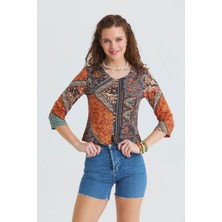 Los Banditos Bisiklet Yaka Yarım Kollu Düğme Detaylı Kışlık Bluz