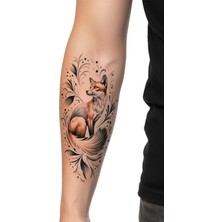 Dövme Kutusu Gerçekçi Tilki Geçici Dövme | Kahverengi Beyaz Tilki ve Çiçek Motifli Kol Bacak Dövmesi
