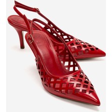 Luvi Jever Kırmızı Cilt Lazer Kesim Sivri Burun Slingback Kadın Ince Topuklu Ayakkabı