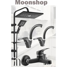 Moonshop Siyah Robot Tepe Yağmurlama Duş Başlığı 3lü Banyo Mutfak Batarya Takımı Hediyeli