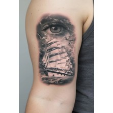 Dövme Kutusu Geçici Dövme – Göz ve Yelkenli Gemi 3D Motifi ile Görüş, Keşif ve Yeni Ufukların Sembolü!