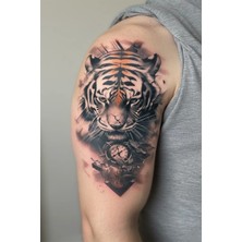 Dövme Kutusu Gerçekçi Kaplan Başı ve Saat Geçici Dövme | Unisex 3D Etkili Kol Bacak Dövmesi