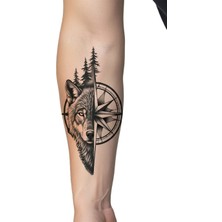 Dövme Kutusu Kurt ve Pusula Geçici Dövme | Gerçekçi Orman Temalı Kol Bacak Dövmesi