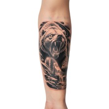 Dövme Kutusu Kükreyen Ayı ve Doğa Geçici Dövme | Gerçekçi Orman Manzaralı Kol Bacak Dövmesi