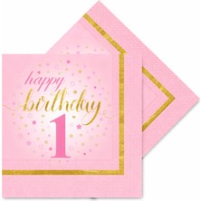 Behind Party Store 1 Yaş Doğum Günü Pembe Peçete – Happy Birthday 1 Yazılı Gold Detaylı Parti Peçetesi (20 Adet)