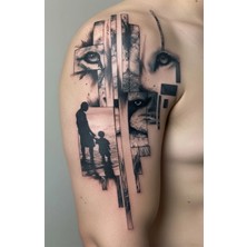 Dövme Kutusu Baba Çocuk Silueti Geçici Dövme | Gerçekçi Gözler ve Dalga Desenli Kol Dövmesi