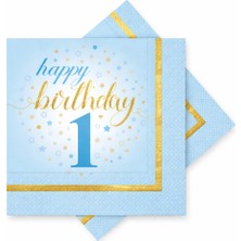 Behind Party Store 1 Yaş Doğum Günü Mavi Peçete – Happy Birthday 1 Yazılı Gold Detaylı Erkek Bebek Parti Peçetesi (20 Adet)