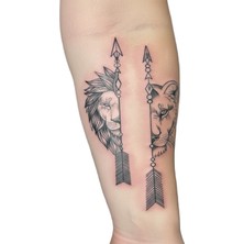 Dövme Kutusu Aslan ve Dişi Aslan Geçici Dövme - Ok Detaylı Çift Tasarımı