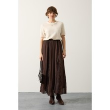 Reyon 37214 Beli Lastikli Dantel Detaylı Kadın Şifon Maxi Etek Kahve