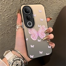 HONTINGA Vivo V50 Lite ile Uyumlu Kılıfı Silikon Kenar Sert Arka Düşüme Önleyici Basitlik Anti Düşme Kamera Korumali Pembe Kelebek Desen Telefon Kılıfı Kadın ve Erkek Için Uygundur K1-0862