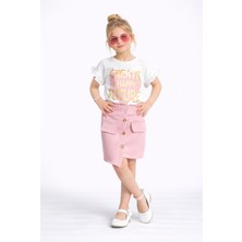 Bambam Kız Çocuk “Create a Happy Future” Baskılı Tişört & Pudra Düğmeli Etek Takım – Yazlık Şık Kombin 51148