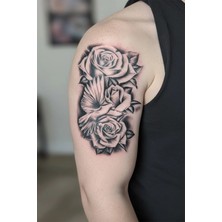 Dövme Kutusu Barış Güvercini ve Güller Geçici Dövme | Gerçekçi Siyah Beyaz Kadın Kol Dövmesi