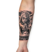 Dövme Kutusu Silahlı Kadın ve Klasik Araba Geçici Dövme | Gerçekçi Chicano Stil Kol Bacak Dövmesi