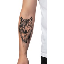 Dövme Kutusu Gerçekçi Kurt Başı Geçici Dövme | Orman Manzaralı Siyah Beyaz Kol Bacak Dövmesi