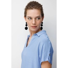 Desen Triko Yakası Nakışlı Düşük Kollu Penye Kadın Bluz 26883