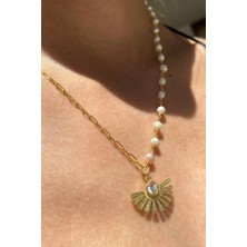 Spossy Silver Jewelry Yarısı Incili Yarısı Zincir Yelpaze Tasarım Kolye