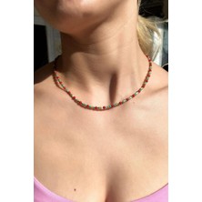 Spossy Silver Jewelry Doğal Taşlı, Araları Kırmızı Akik ve Firuze Taşlı Choker Kolye