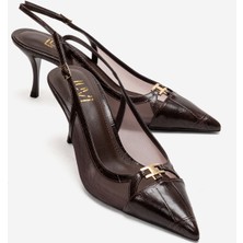 Luvi Orella Kahverengi Baskı Tokalı Fileli Kadın Topuklu Ayakkabı