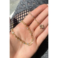 Spossy Silver Jewelry Yarı Zincir, Yarı Ay Taşı Doğal Taşlı Y Kolye