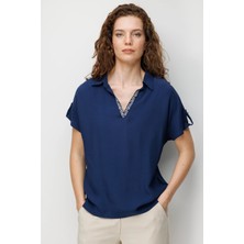 Desen Triko Yakası Nakışlı Düşük Kollu Penye Kadın Bluz 26883