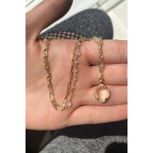 Spossy Silver Jewelry Yarı Zincir, Yarı Pembe Quartz Doğal Taşlı Kolye