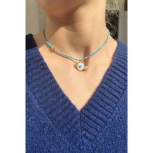 Spossy Silver Jewelry Doğal Firuze Taşlı, Kolye Ucu; Doğal Sedef Taş ve Opal Taşlı Choker Kolye