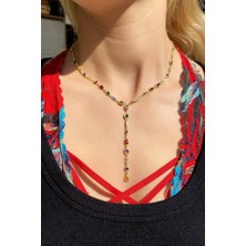 Spossy Silver Jewelry Renkli Geometrik Taşlı Y Kolye