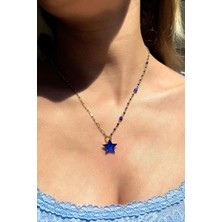 Spossy Silver Jewelry Yarı Zincirli Yarı Oburude Lapis  Doğal Taşlı Yıldız Kolye