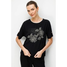 Desen Triko Sıfır Yaka Önü Nakışlı Penye Kadın Bluz 26878