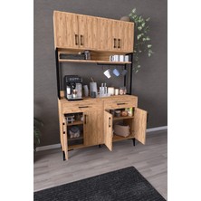 Dekorfim DF14104AC Kahve Köşesi Mutfak Dolabı Coffee Bar Standı Raflı Kapaklı Çekmeceli Çok Amaçlı Konsol Atlantik Çam