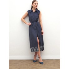 Sateen Nakış Detaylı Uzun Elbise - Lacivert