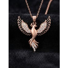 Roza Silver 925 Ayar Gümüş Zümrüdüanka Kuşu Kolye - Rose Gold Kaplama Siyah Mineli Kadın Kolye