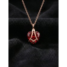 Roza Silver 925 Ayar Gümüş Rose Renk Yakut Taşlı Kafes Kalp Arkadaşlık Kolyesi