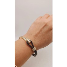 Tılsım Accesories Zirkon Taşlı Gold - Siyah Deri Bileklik