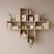 Çamsan Rafixa Bal Meşe Mdf Beşli Çapraz Duvar Rafı - Modern Kitaplık ve Dekoratif Kare Sergi Alanı